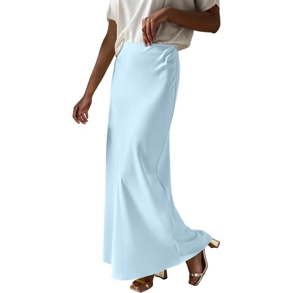 Elegant Satin Maxi Skirt for Women High Waisted Baby Blue Silk Fall Dressy Casul